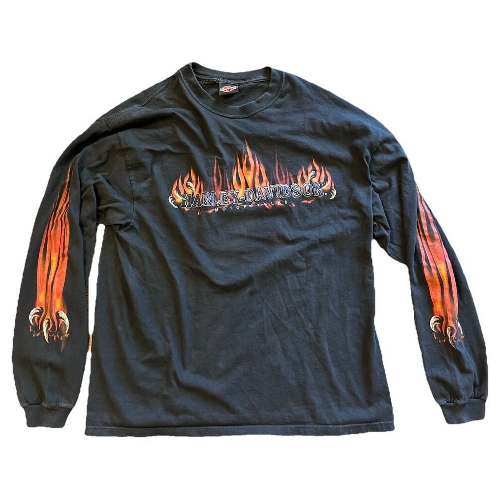 Vtg 2001 Central Harley-Davidson Shawnee, KS Flame Logo Long Sleeve T Shirt Sz L